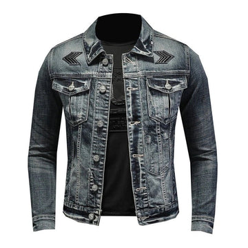 Men’s Denim Jacket – Slim Fit – Embroidered Chevron – Distressed Casual Style