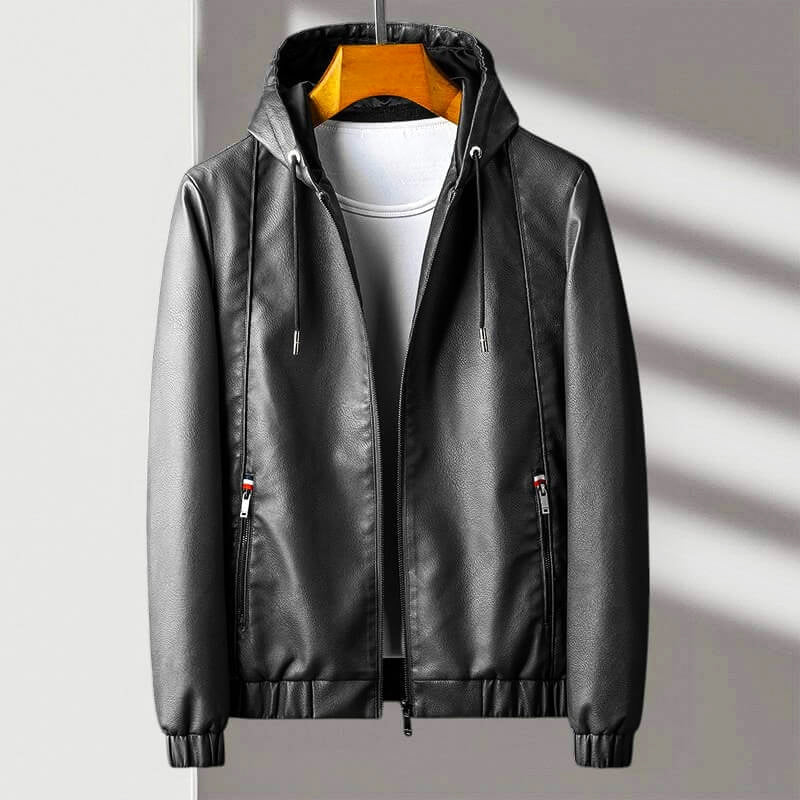 Men’s Hooded Jacket – Regular Fit – Leather-Like Fabric – Full Zip – Zippered Pockets