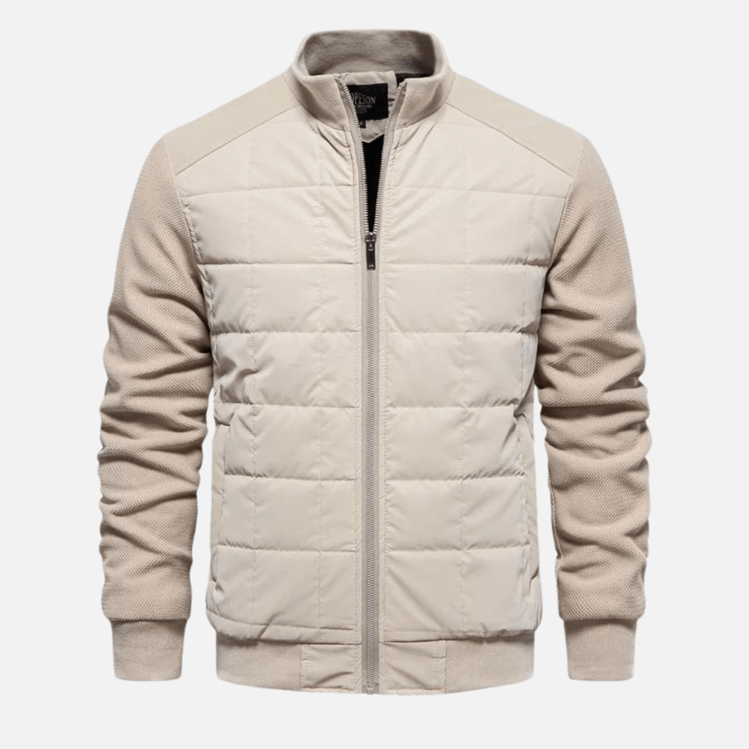 Men’s Quilted Jacket – Slim Fit – Knitted Sleeves – Stand-Up Collar – Full Zip Closure