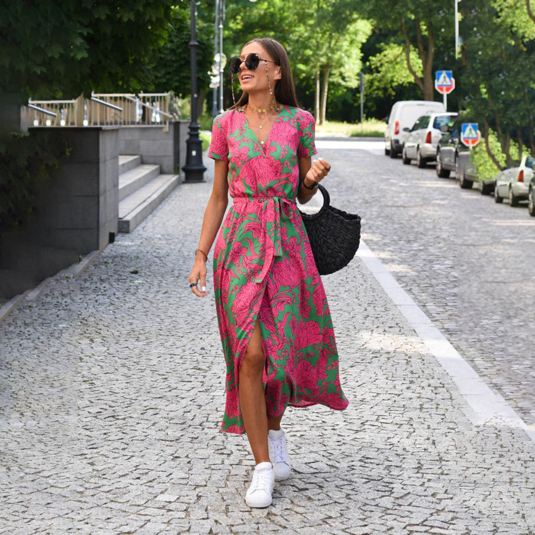 Floral v-neck split midi dress for women