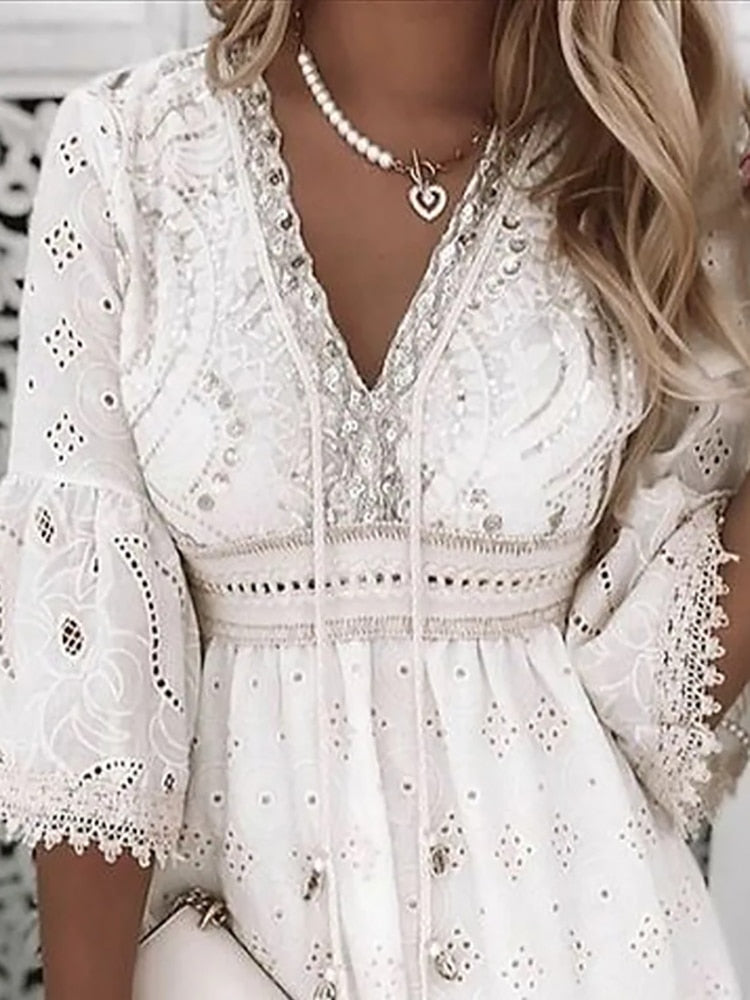 Women's Bohemian Dress - Cotton Blend - Embroidered Eyelet - V-Neck - Three-Quarter Sleeve