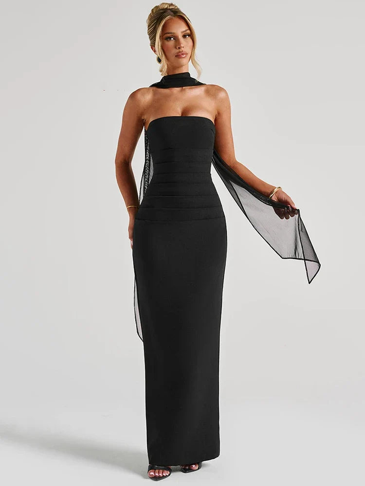 Women's Prom Dress - Strapless Floor-Length - Column Silhouette - Halter Scarf Detail
