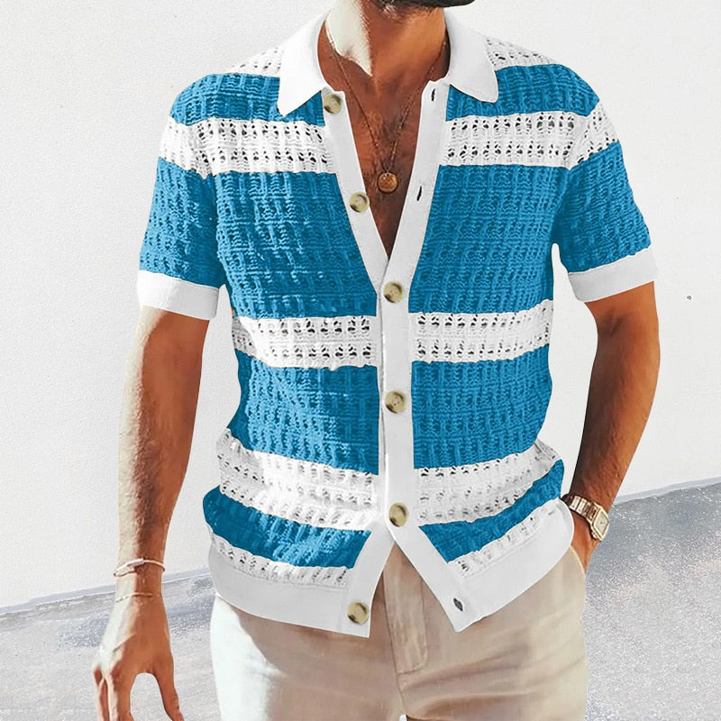 Men’s Knitted Shirt - Short Sleeve Crochet Pattern - Button-Up Breathable Casual Wear