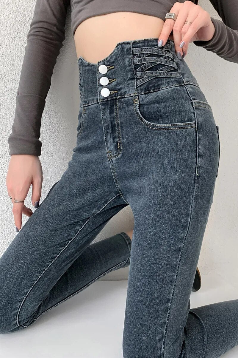 Women's High-Waisted Skinny Jeans - Corset Waistband - Stretch Denim - Slim Fit