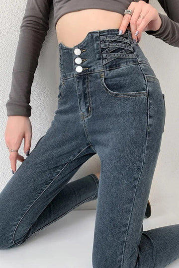 Women's High-Waisted Skinny Jeans - Corset Waistband - Stretch Denim - Slim Fit