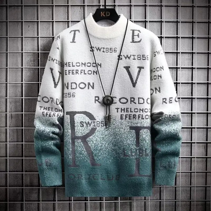 Men’s Pullover Sweater – Relaxed Fit – Knitted Fabric – O-Neck – Text Print – Gradient