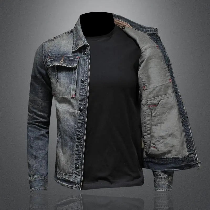 Retro button down denim jacket for men