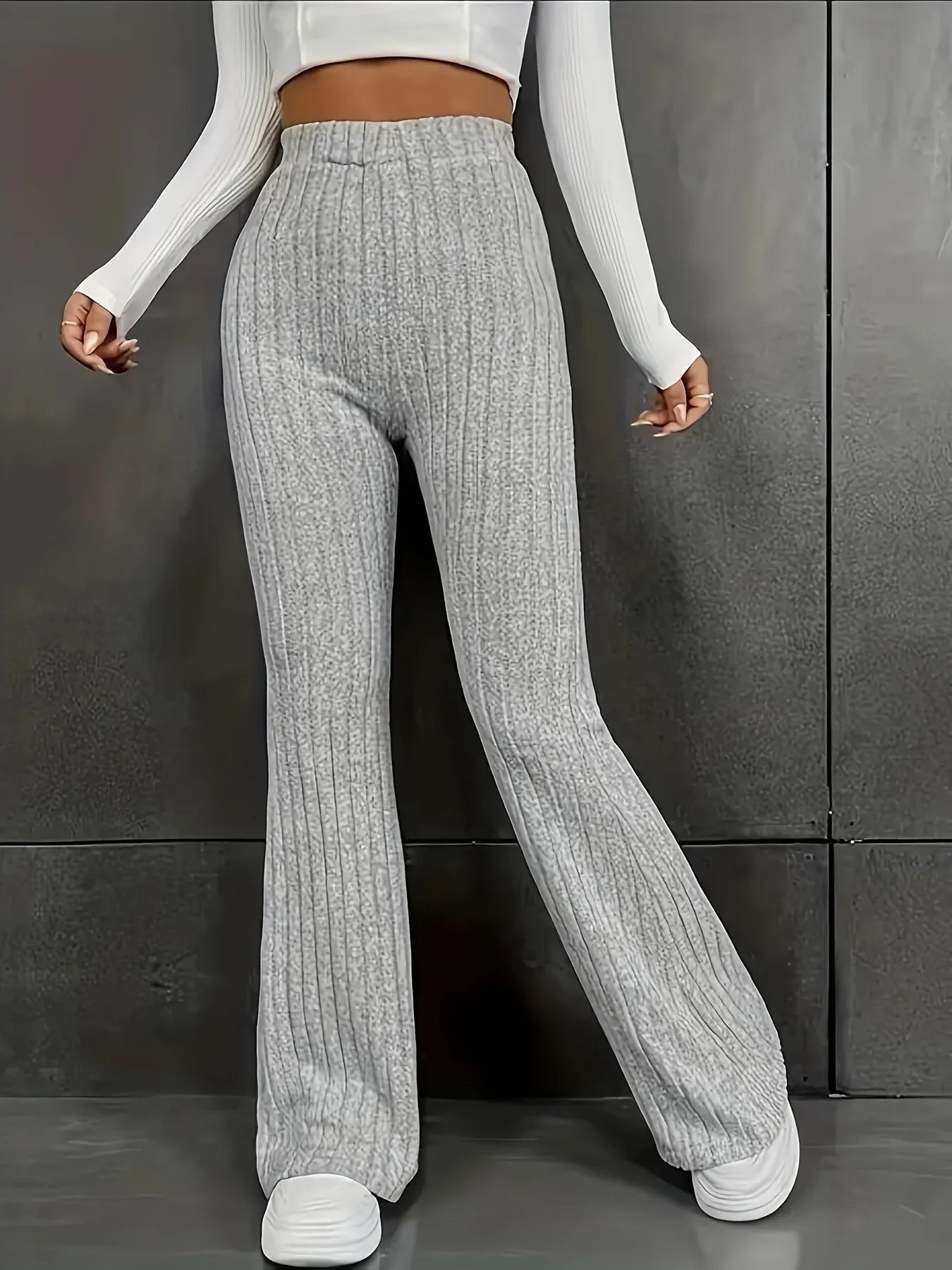 Women’s Trousers – Slim Fit – High Waist – Ribbed Knit Stretch – Flared Leg – Full Length