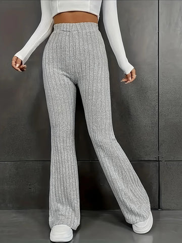 Women’s Trousers – Slim Fit – High Waist – Ribbed Knit Stretch – Flared Leg – Full Length