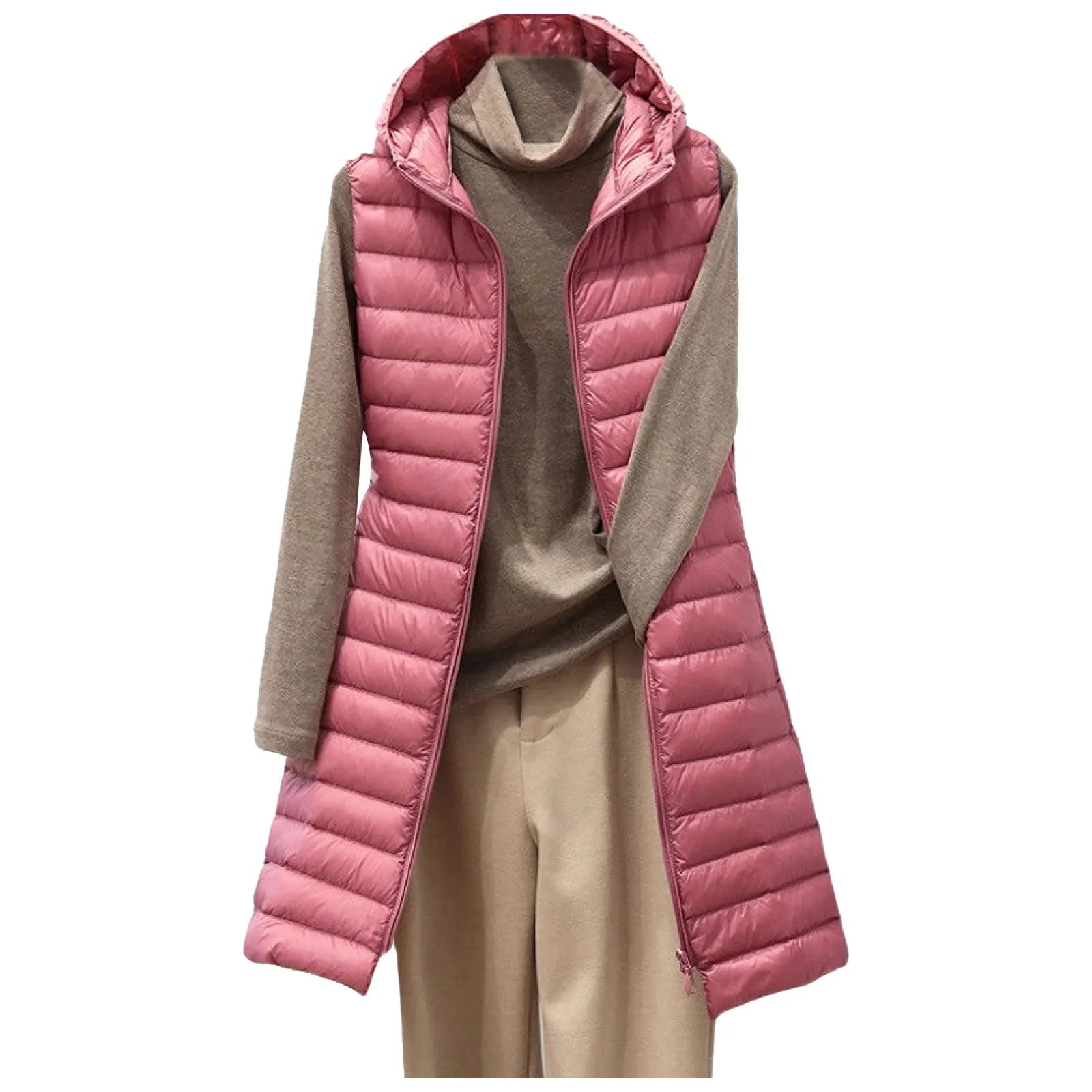 Long sleeveless padded coat with hood for women