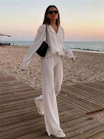 Women's Long Sleeve Button-Up Shirt & Straight-Leg Pants Set