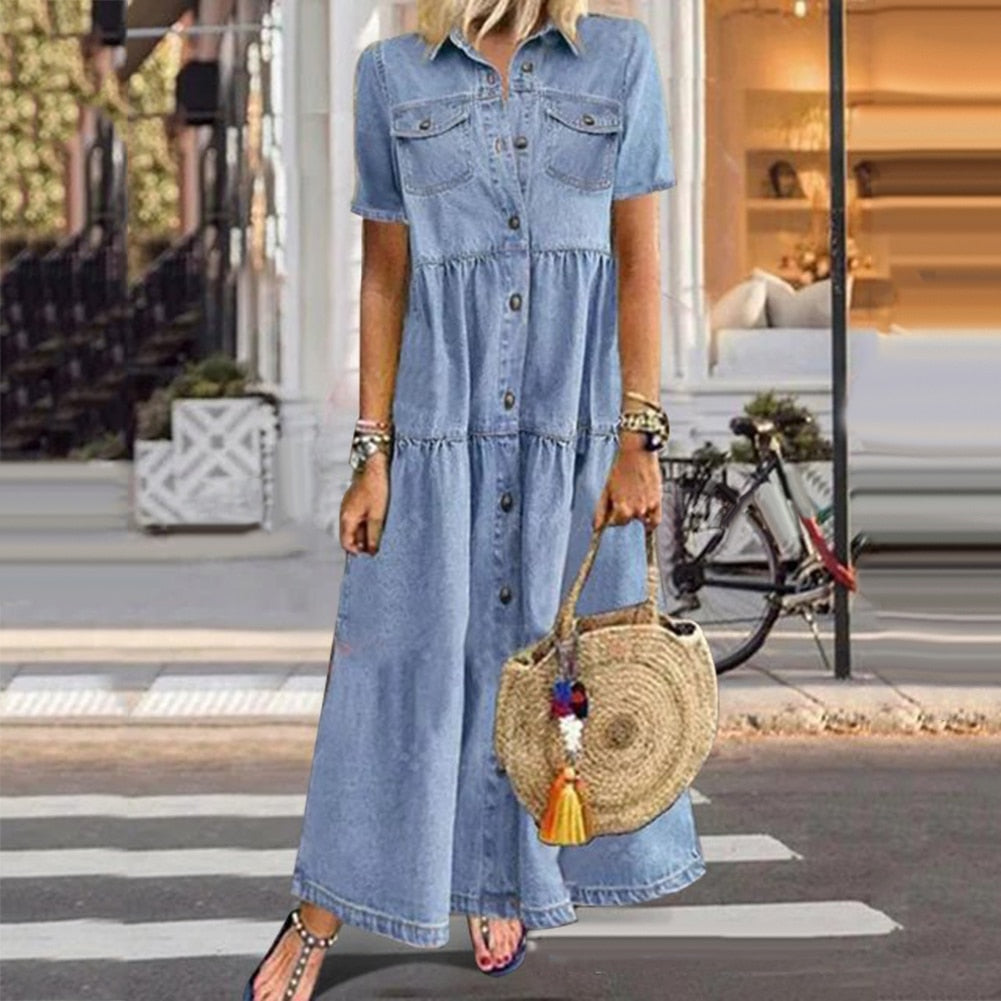 Women’s Denim Dress – Relaxed Fit – Button Down – Tiered Full Length – Short Sleeve