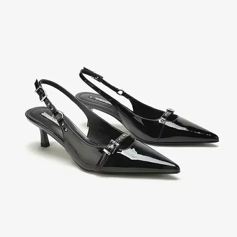 Pointed slingback heel buckle shoes for women