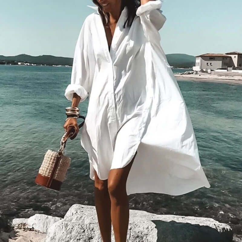 Women's Shirt Dress - Long Sleeve - Button Down - Loose Fit - Lightweight Breathable