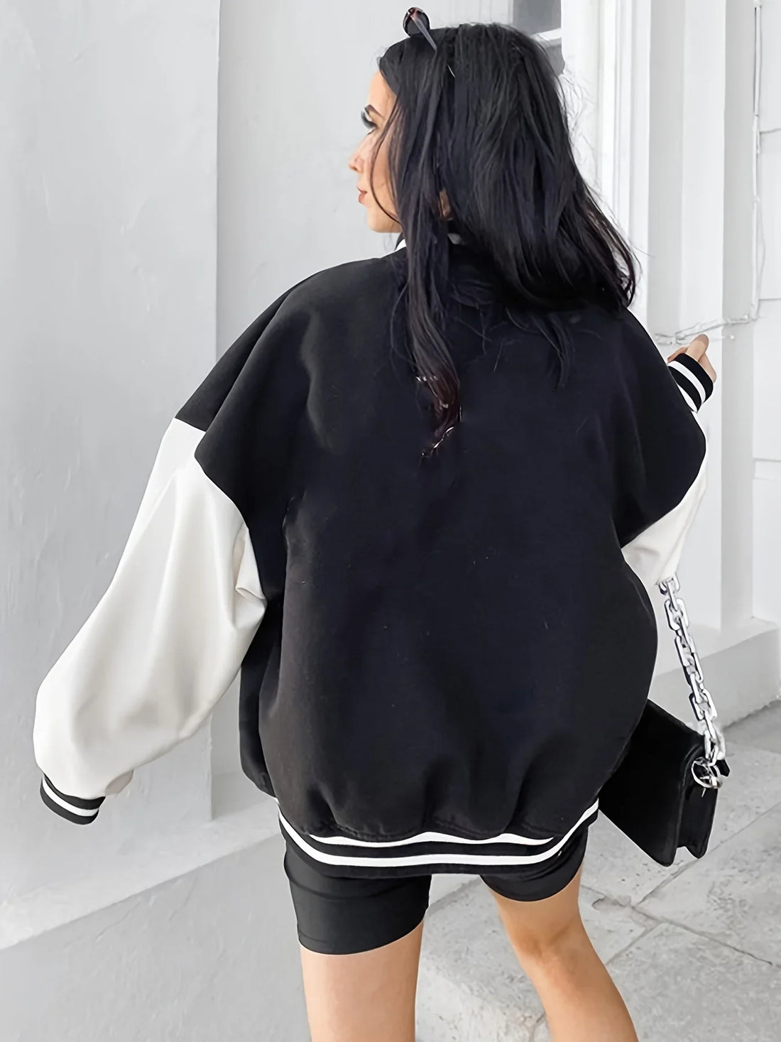 Women’s Baseball Jacket – Relaxed Fit – Snap Button – Varsity Patch – Ribbed Trim