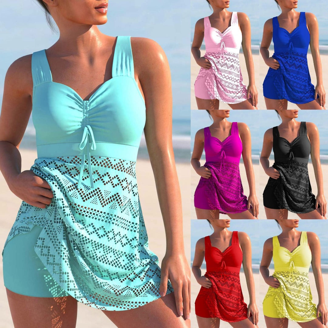 Women’s Swimsuit – Skirted Overlay – Crochet Detailing – Full Coverage – Ruched Bust