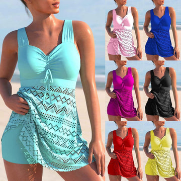 Women’s Swimsuit – Skirted Overlay – Crochet Detailing – Full Coverage – Ruched Bust