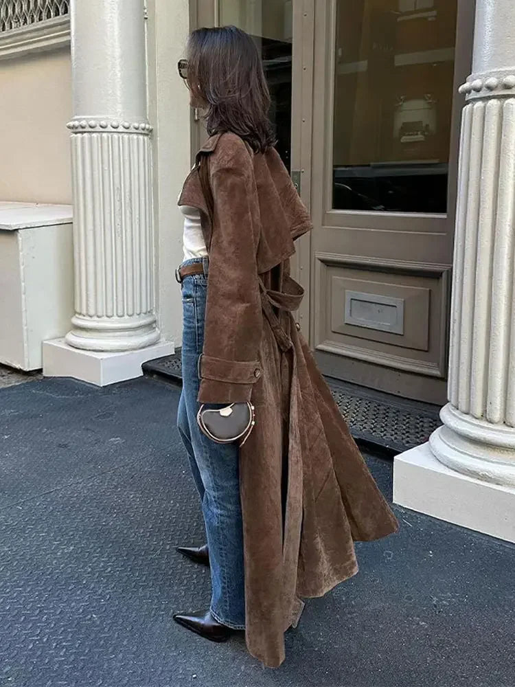 Elegant suede belted long coat for women