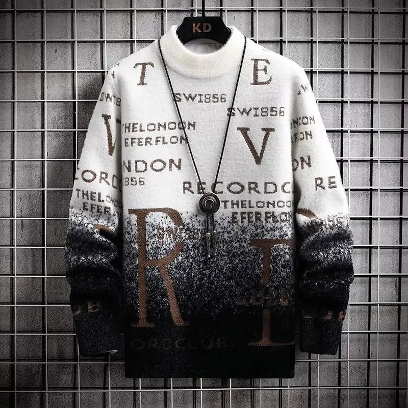 Men’s Pullover Sweater – Relaxed Fit – Knitted Fabric – O-Neck – Text Print – Gradient