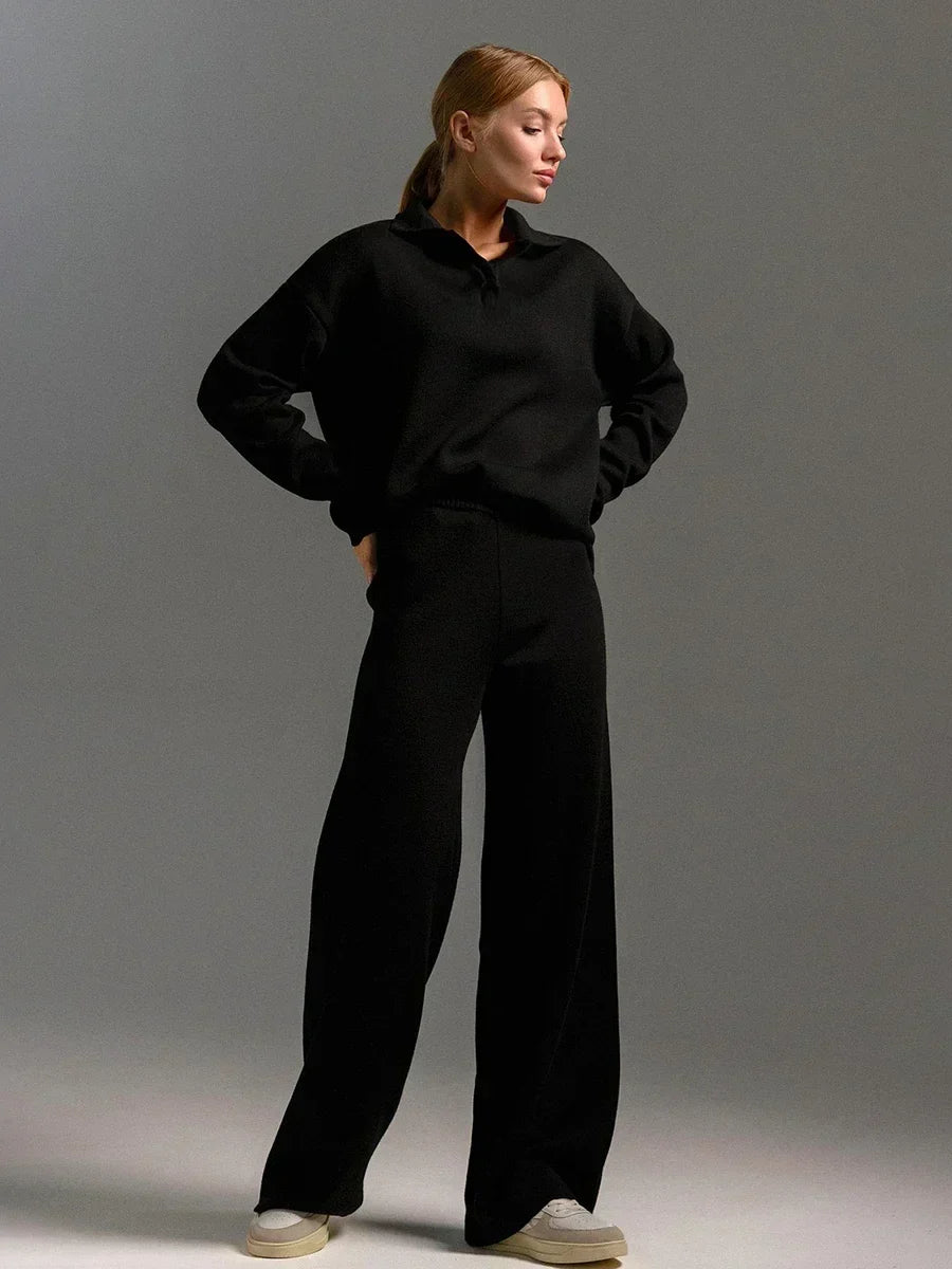 Women’s Two-Piece Knit Set – Polo Neck Sweater – High-Waisted Wide-Leg Pants