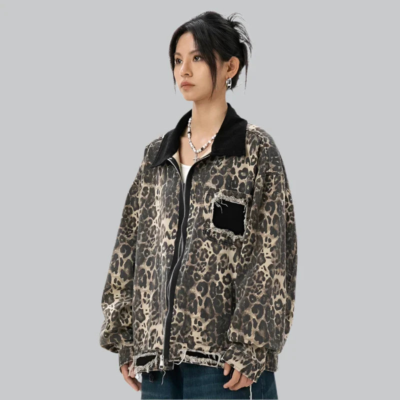 Retro leopard print washed denim jacket for women