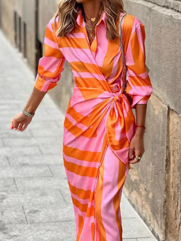 Women’s Midi Wrap Dress – Tailored Fit – 3/4 Sleeve – Structured Collar – Natural Fibers