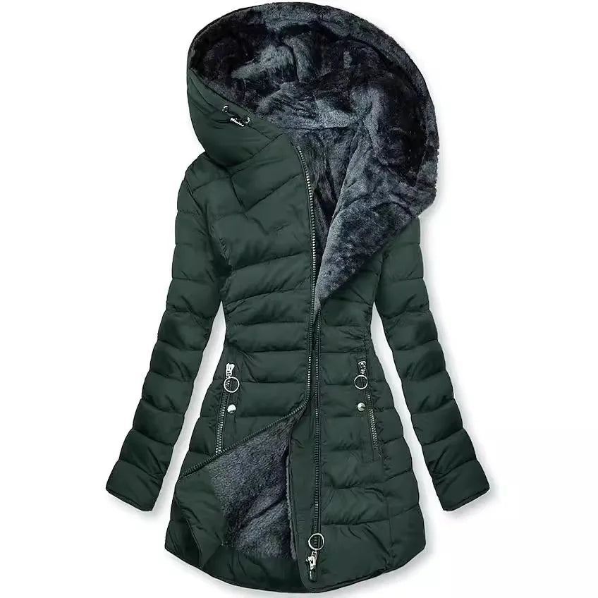 Hooded long sleeve mid-length coat for women