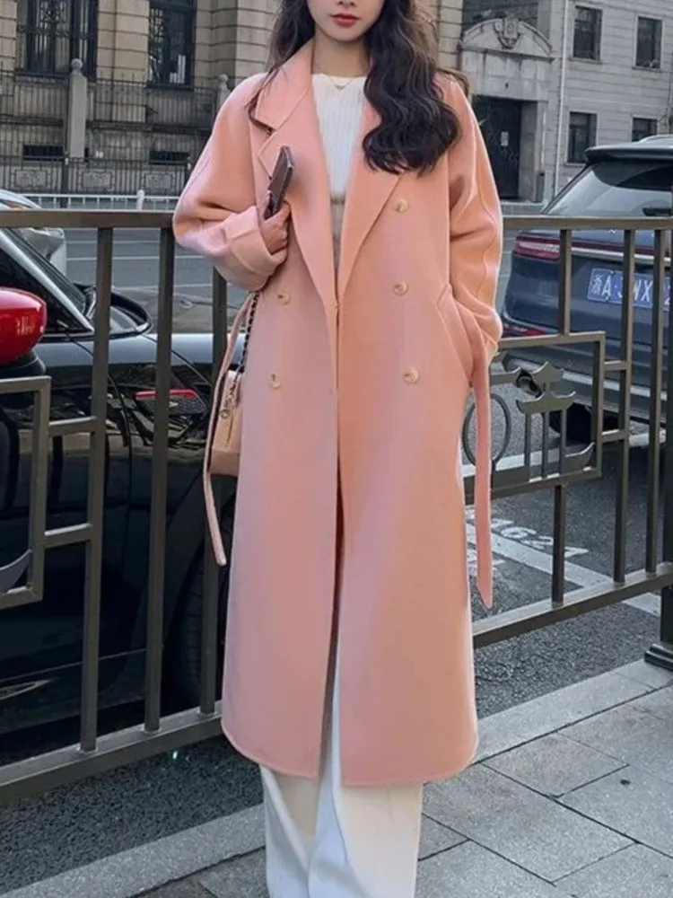 Women’s Long Overcoat – Wool Blend – Relaxed Fit – Double Breasted – Belted Waist