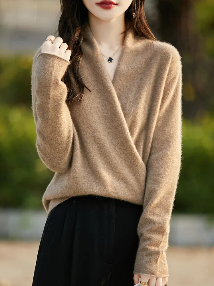 Women’s Pullover Sweater – Wool Knit – V-Neck – Relaxed Fit – Long Sleeve Casual