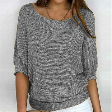 Women’s Knitted Top – Relaxed Fit – Puff Sleeve – Ribbed Hem & Cuffs – Scoop Neck