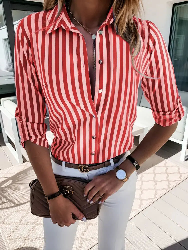 Women's Blouse - Striped Button-Up - Tailored Fit - Long Sleeve Versatile Wear