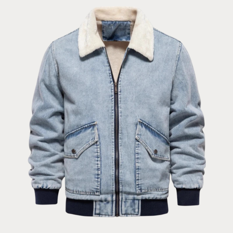 Full zip fur collar denim jacket for men