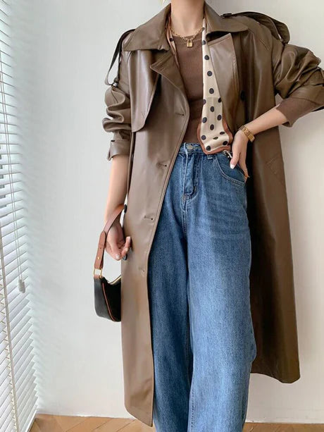 Women’s Trench Coat – Loose Fit – Faux Leather Look – Double Breasted – Full Length