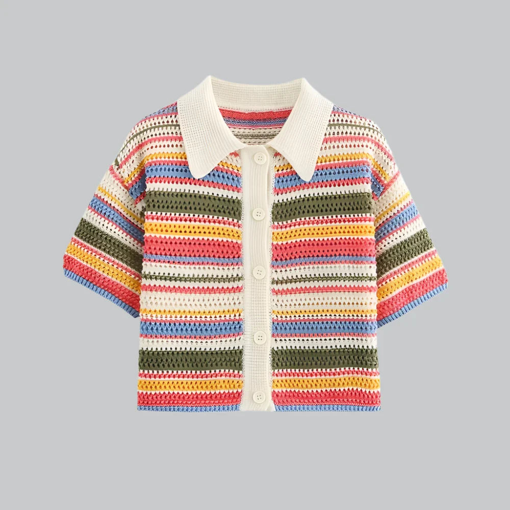 Women’s Crop Sweater – Crochet Knit – Relaxed Fit – Button Front – Striped Pattern
