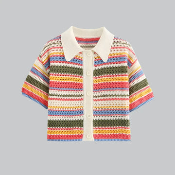 Women’s Crop Sweater – Crochet Knit – Relaxed Fit – Button Front – Striped Pattern