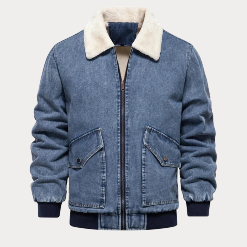 Full zip fur collar denim jacket for men