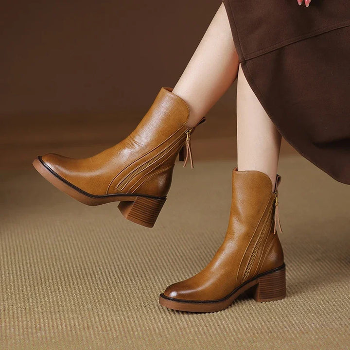 Women’s Ankle Boots – Leather – Side Zip – Chunky Heel – Structured Fit