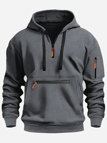 Men’s Fleece Sweatshirt – Loose Fit – Half Zip – Hooded – Ribbed Cuffs – Zipper Pockets