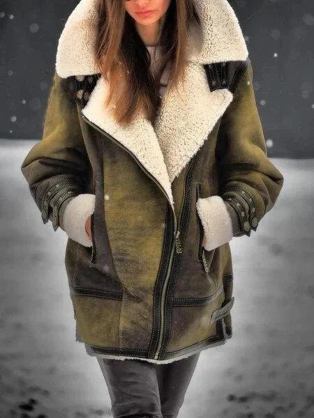 Women’s Jacket – Oversized Fit – Suede-Like Fabric – Sherpa Lining – Asymmetrical Zip