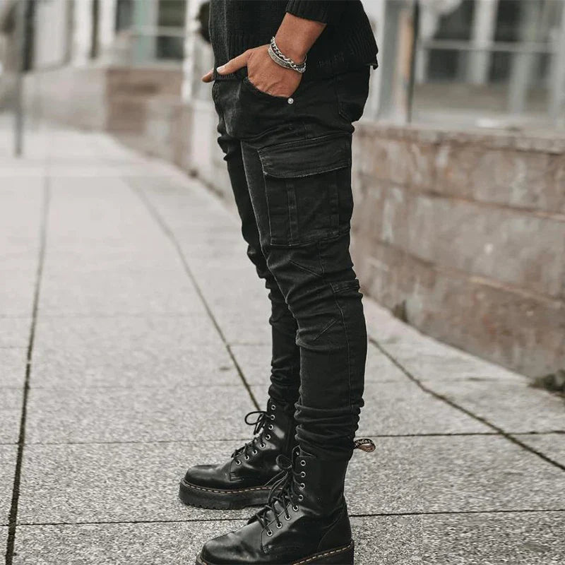 Men's Washed Denim Cargo Jeans with Multiple Pockets
