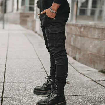 Men's Washed Denim Cargo Jeans with Multiple Pockets