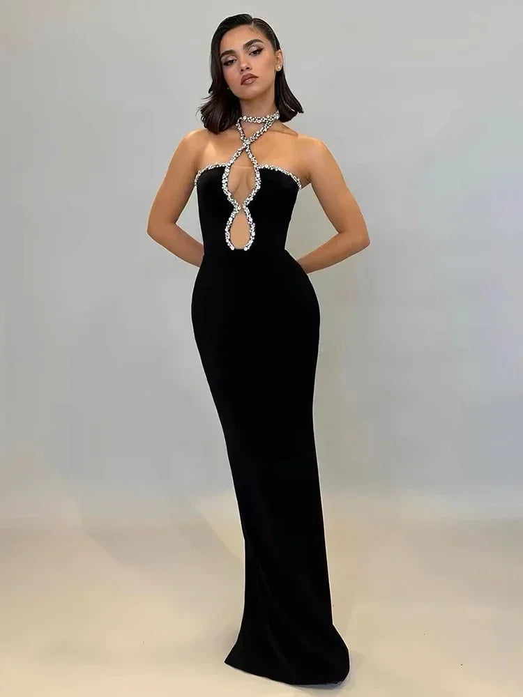 Strapless Black Bandage Dress with Diamond Pattern for Women