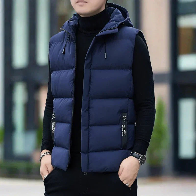 Men’s Quilted Vest – Slim Fit – Insulated Hood – Zipper Front – Sleeveless Layer
