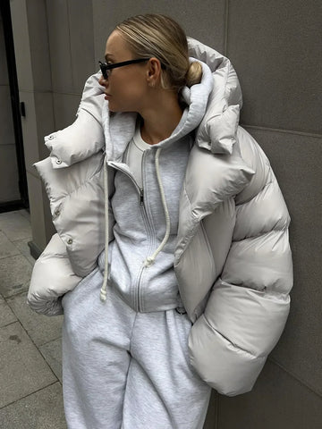 Women’s Puffer Hoodie Jacket – Oversized Fit – Quilted – Padded – Snap Button Closure