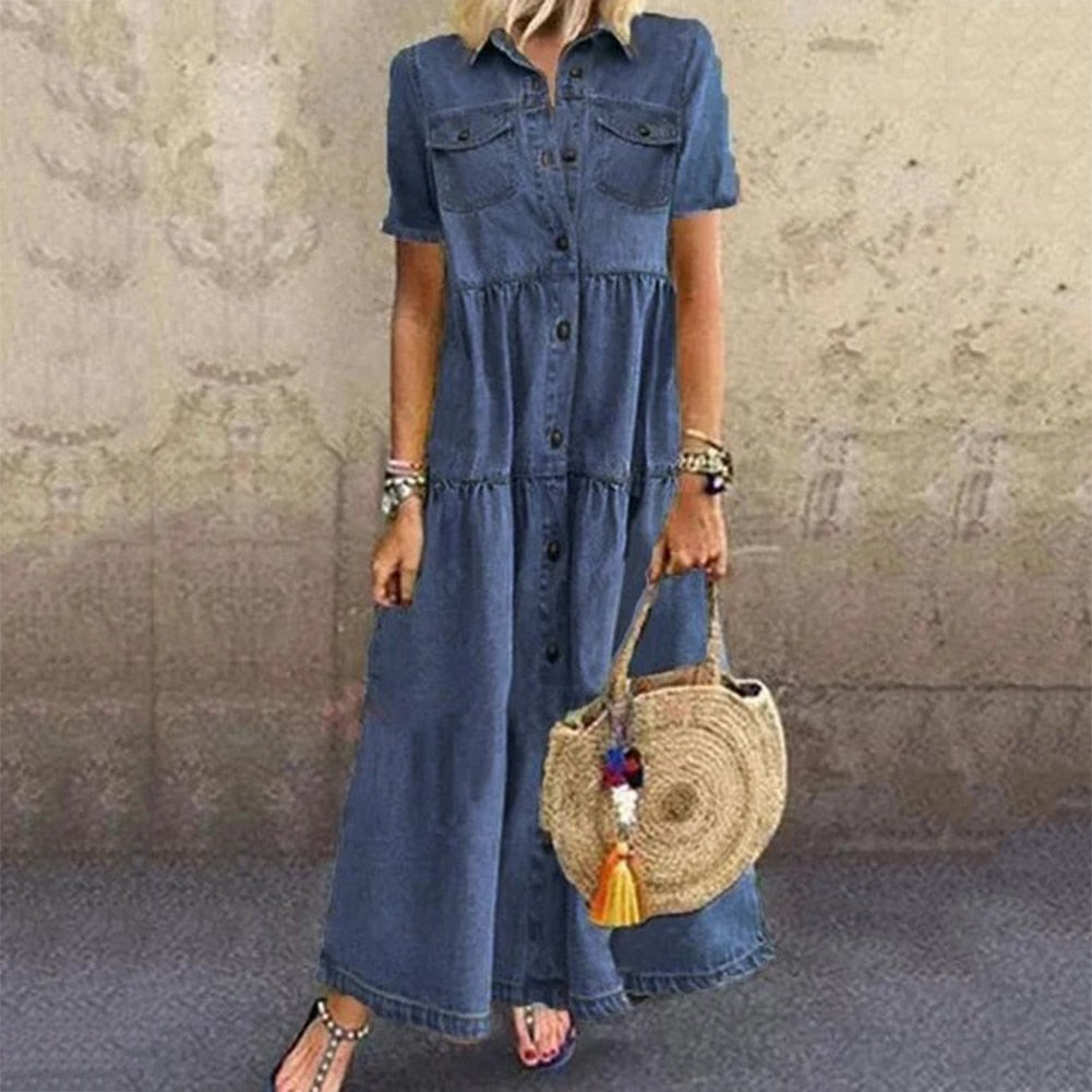 Women’s Denim Dress – Relaxed Fit – Button Down – Tiered Full Length – Short Sleeve