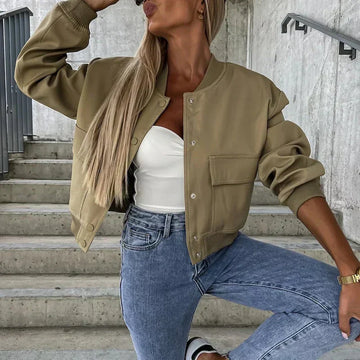 Women’s Cropped Bomber Jacket – Relaxed Fit – Ribbed Trim – Snap Front – Cotton Blend