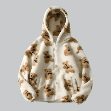 Fleece Bear Print hooded jacket for women