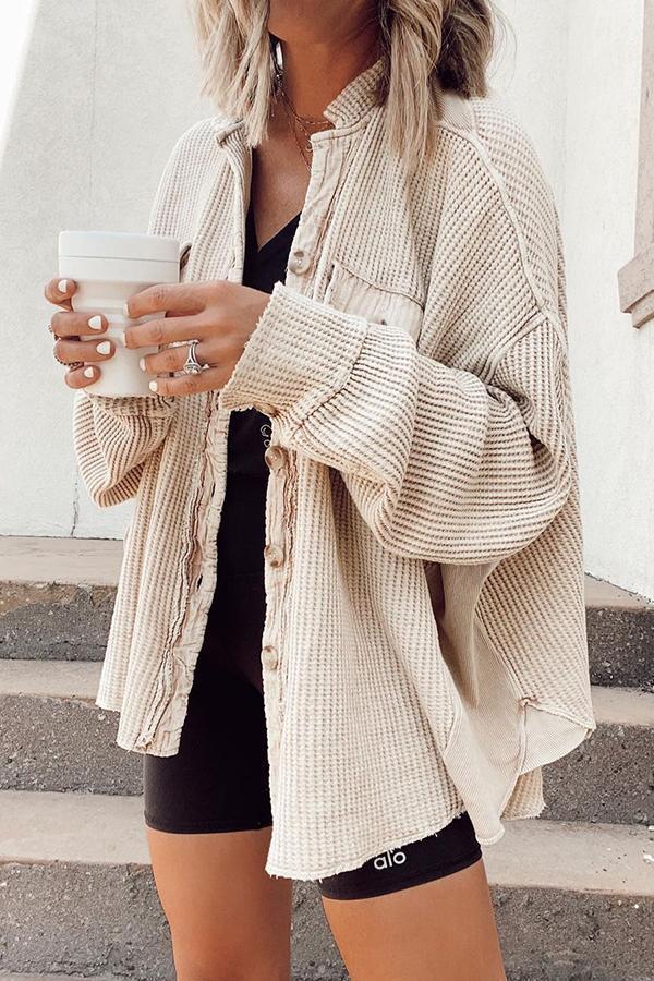 Women’s Shirt Jacket – Oversized Waffle Knit – Button Front – Raw Edge – Long Sleeve