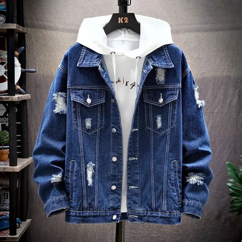 Men’s Denim Jacket – Loose Fit – Distressed – Single Breasted – Streetwear Style