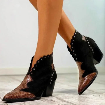 Suede Western Ankle Boots with Snakeskin Accent | Studded Scalloped Trim | Low Block Heel